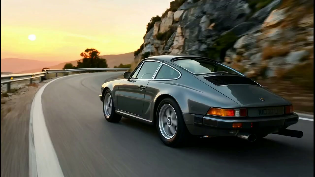 Coupé clásico Porsche gris en una carretera de montaña al atardecer